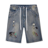 Short en jean à taille élastique avec cordon de serrage pour homme grande taille, jean tendance déchiré et brodé au genou